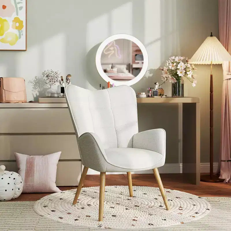 Fauteuil d'appoint à dossier haut et pieds en bois, avec revêtement capitonné, pour salon ou chambre à coucher