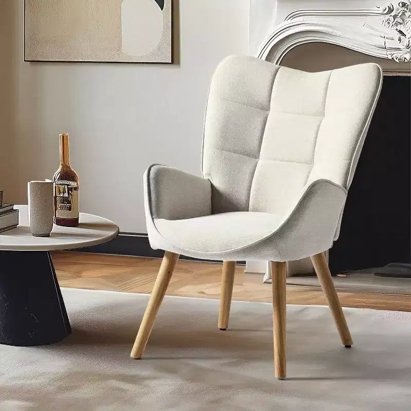 Fauteuil d'appoint à dossier haut et pieds en bois, avec revêtement capitonné, pour salon ou chambre à coucher
