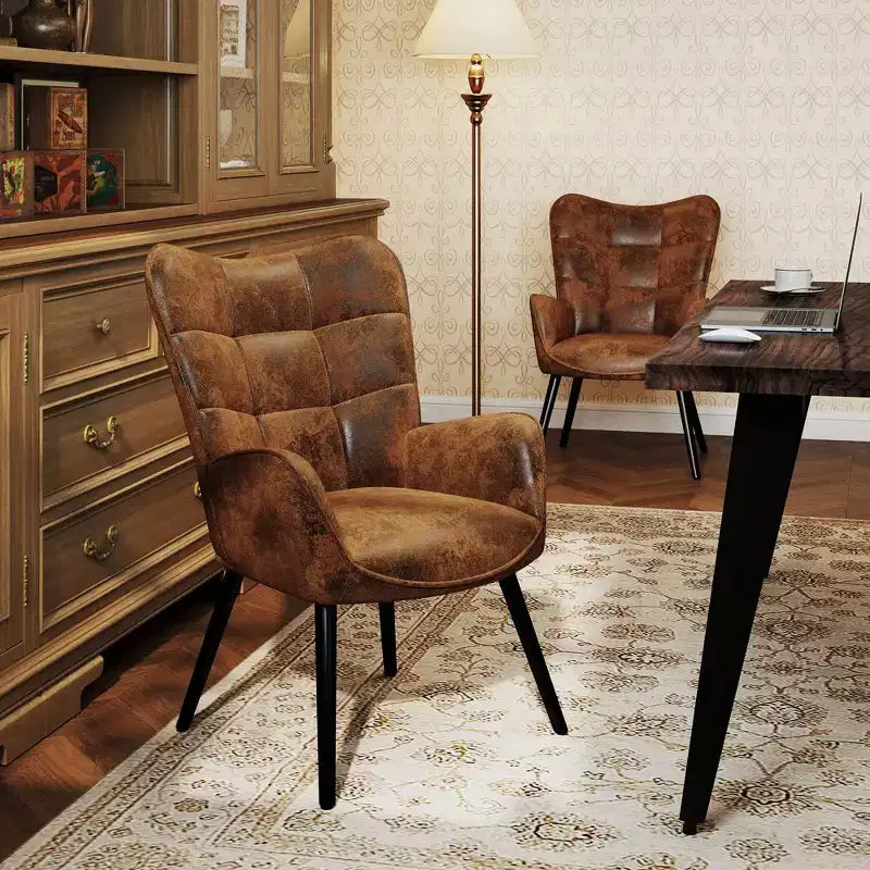 Fauteuil d'appoint à dossier haut et pieds en bois, avec revêtement capitonné, pour salon ou chambre à coucher