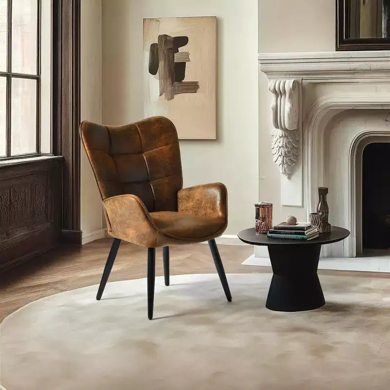 Fauteuil d'appoint à dossier haut et pieds en bois, avec revêtement capitonné, pour salon ou chambre à coucher