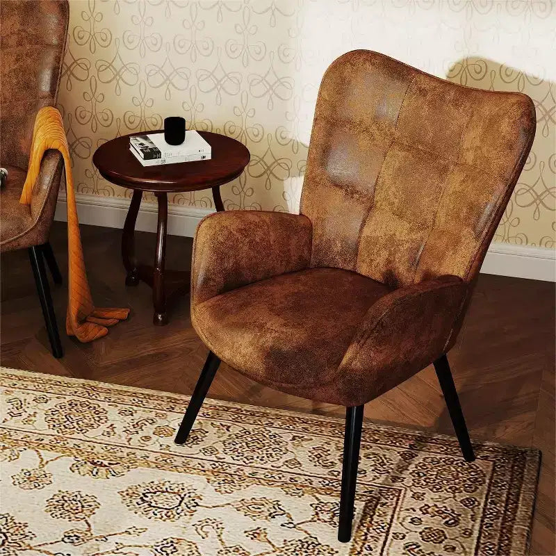 Fauteuil d'appoint à dossier haut et pieds en bois, avec revêtement capitonné, pour salon ou chambre à coucher