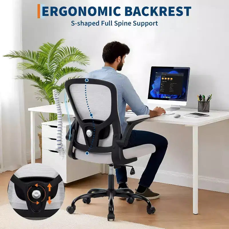 Fauteuil de bureau ergonomique haut de gamme en maille grise - Hauteur réglable, accoudoirs relevables et support lombaire - Siège pivotant confortable pour la maison, le jeu et le travail