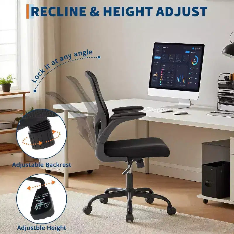 Fauteuil de bureau ergonomique haut de gamme en maille grise - Hauteur réglable, accoudoirs relevables et support lombaire - Siège pivotant confortable pour la maison, le jeu et le travail