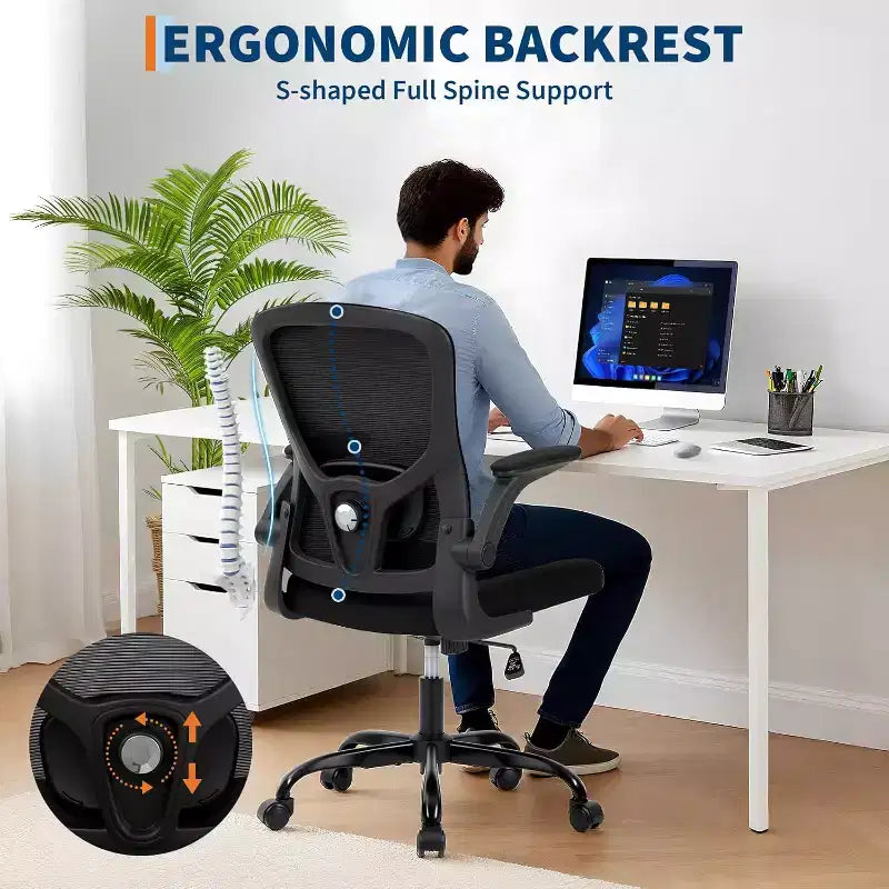 Fauteuil de bureau ergonomique haut de gamme en maille grise - Hauteur réglable, accoudoirs relevables et support lombaire - Siège pivotant confortable pour la maison, le jeu et le travail