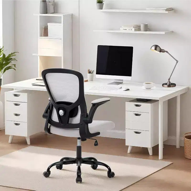 Fauteuil de bureau ergonomique haut de gamme en maille grise - Hauteur réglable, accoudoirs relevables et support lombaire - Siège pivotant confortable pour la maison, le jeu et le travail