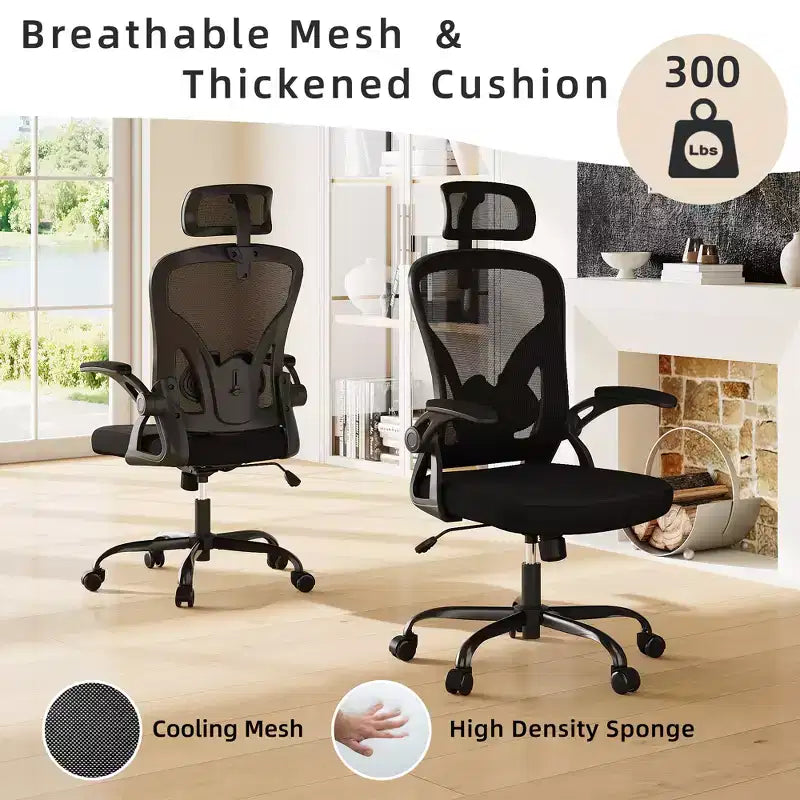 Chaise de bureau ergonomique - Avec appui-tête, accoudoirs relevables et support lombaire réglable (noir)