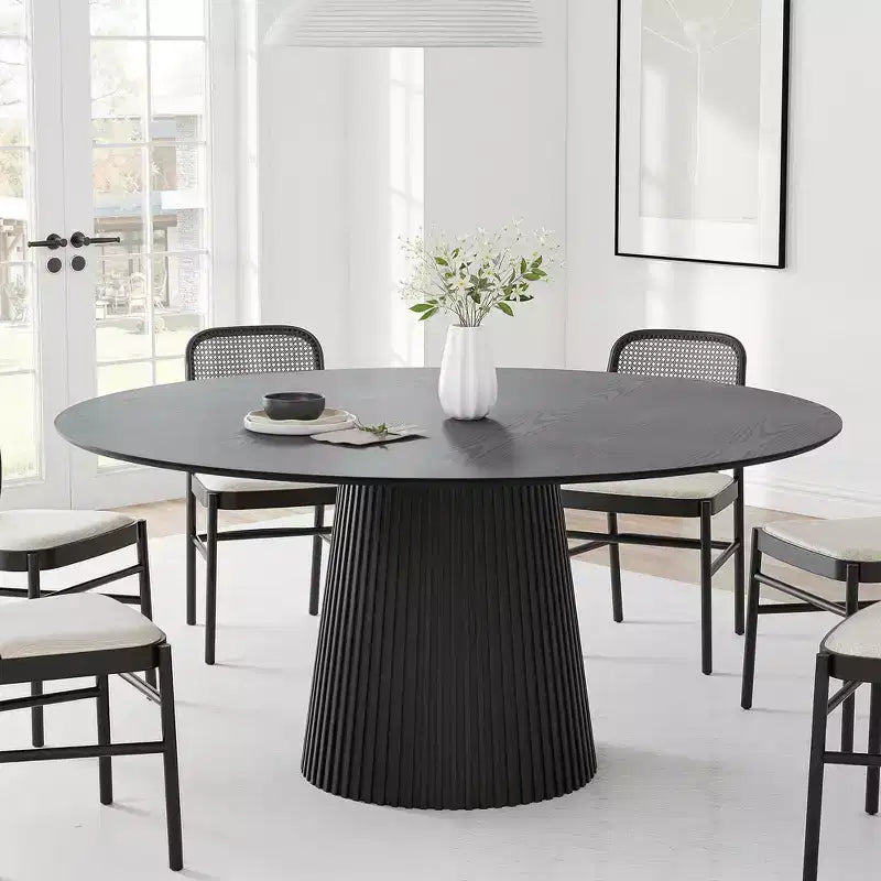 Table à manger ronde de 152 cm pour 6 personnes, table sur pied moderne avec base conique cannelée et plateau en MDF de bois, noire