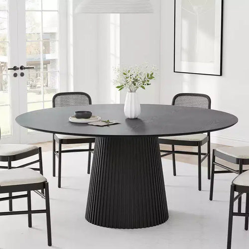 Table à manger ronde de 152 cm pour 6 personnes, table sur pied moderne avec base conique cannelée et plateau en MDF de bois, noire