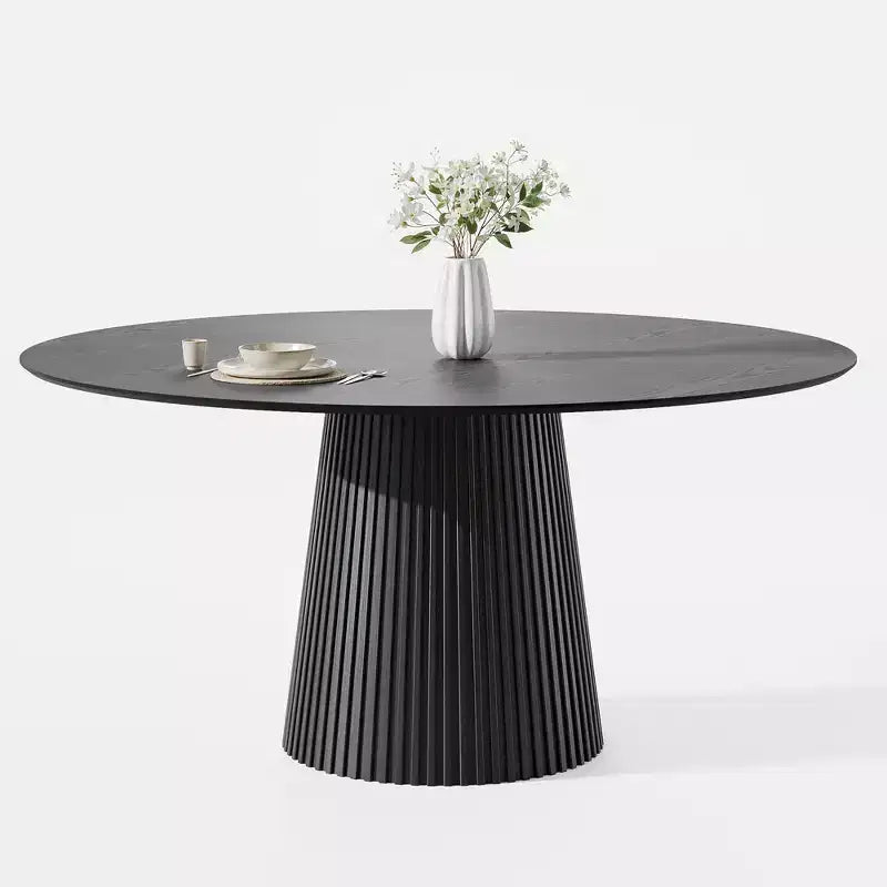 Table à manger ronde de 152 cm pour 6 personnes, table sur pied moderne avec base conique cannelée et plateau en MDF de bois, noire