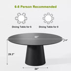 Table à manger ronde de 152 cm pour 6 personnes, table sur pied moderne avec base conique cannelée et plateau en MDF de bois, noire
