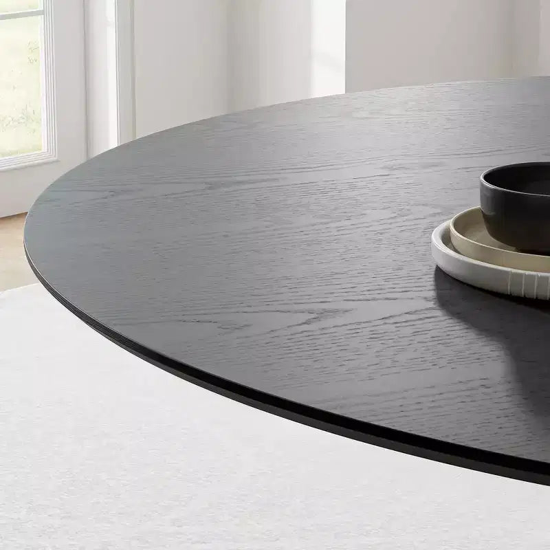 Table à manger ronde de 152 cm pour 6 personnes, table sur pied moderne avec base conique cannelée et plateau en MDF de bois, noire