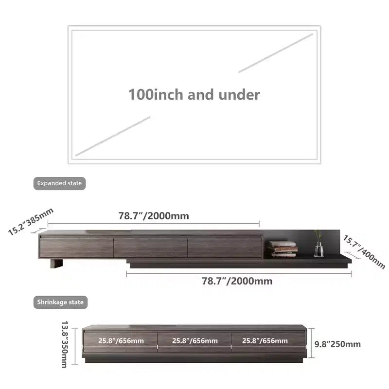 Meuble TV d'angle extensible de 200 à 280 cm pour téléviseurs jusqu'à 100", console média avec 3 tiroirs, bois gris