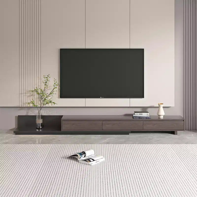 Meuble TV d'angle extensible de 200 à 280 cm pour téléviseurs jusqu'à 100", console média avec 3 tiroirs, bois gris