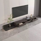 Meuble TV d'angle extensible de 200 à 280 cm pour téléviseurs jusqu'à 100", console média avec 3 tiroirs, bois gris