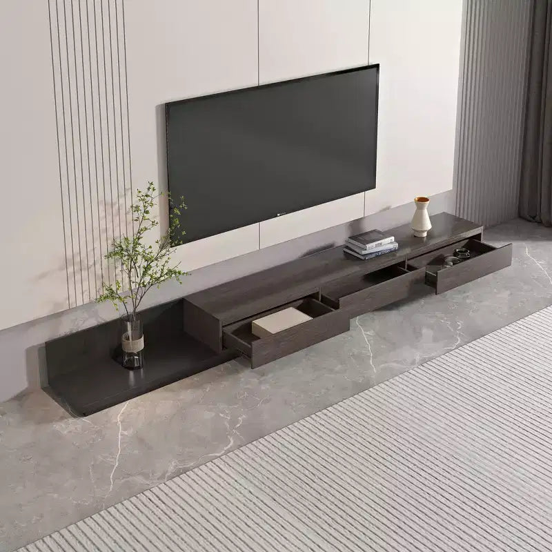 Meuble TV d'angle extensible de 200 à 280 cm pour téléviseurs jusqu'à 100", console média avec 3 tiroirs, bois gris