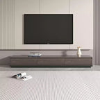 Meuble TV d'angle extensible de 200 à 280 cm pour téléviseurs jusqu'à 100", console média avec 3 tiroirs, bois gris