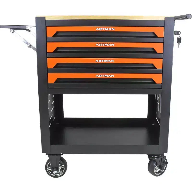 Servante d'atelier roulante à 4 tiroirs, chariot de mécanicien mobile avec roues robustes et panneau latéral, orange