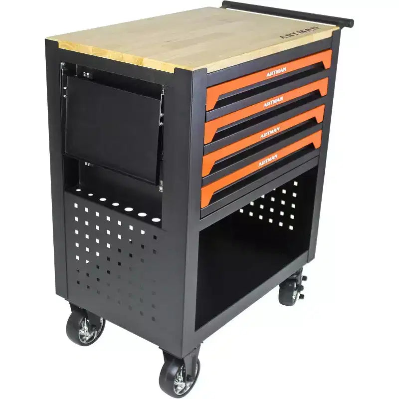 Servante d'atelier roulante à 4 tiroirs, chariot de mécanicien mobile avec roues robustes et panneau latéral, orange