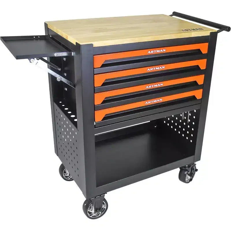 Servante d'atelier roulante à 4 tiroirs, chariot de mécanicien mobile avec roues robustes et panneau latéral, orange