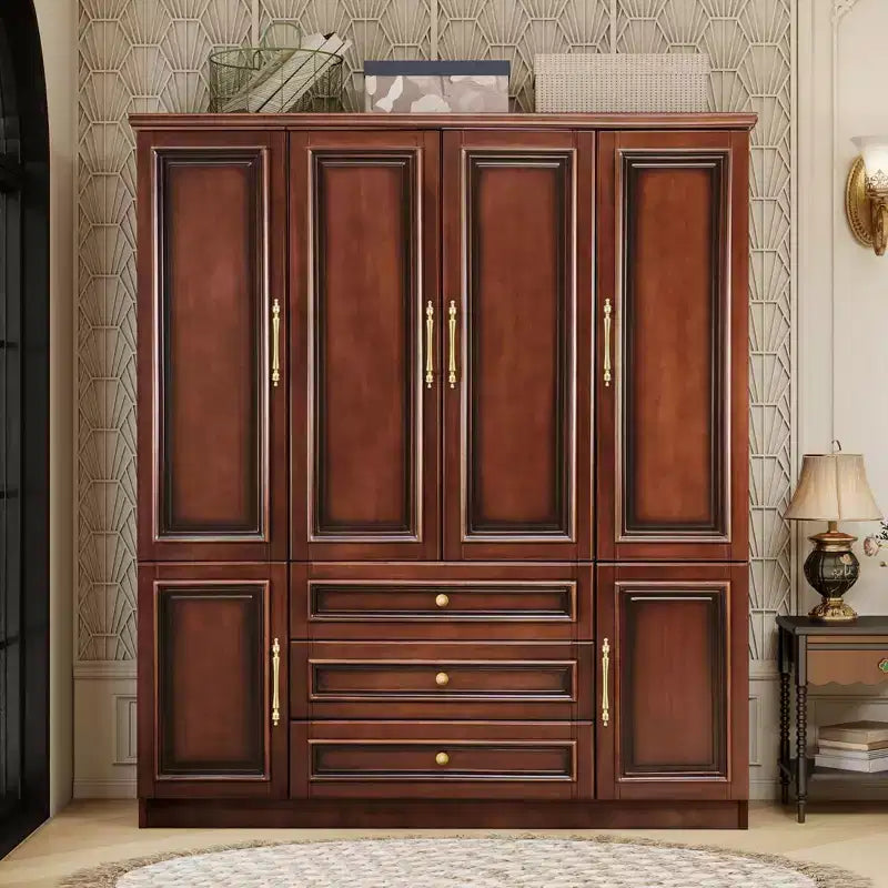Armoire en merisier de 156 cm avec 3 tiroirs, étagères et tringle de penderie