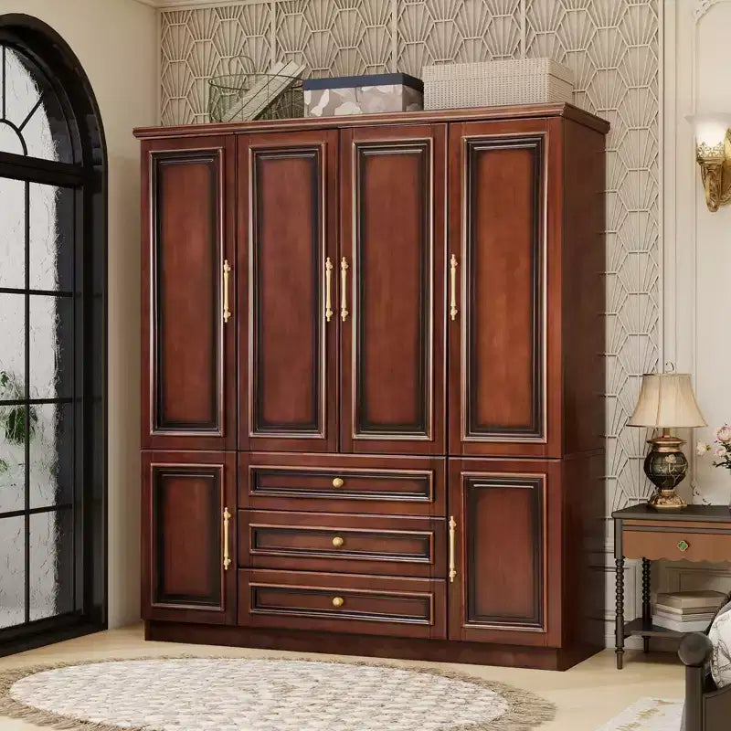 Armoire en merisier de 156 cm avec 3 tiroirs, étagères et tringle de penderie