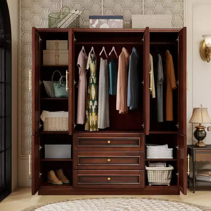 Armoire en merisier de 156 cm avec 3 tiroirs, étagères et tringle de penderie