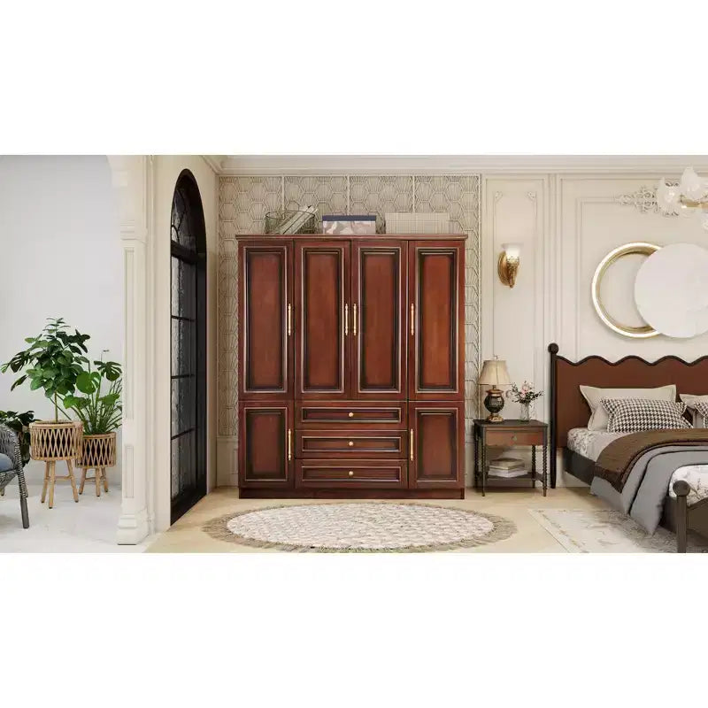 Armoire en merisier de 156 cm avec 3 tiroirs, étagères et tringle de penderie