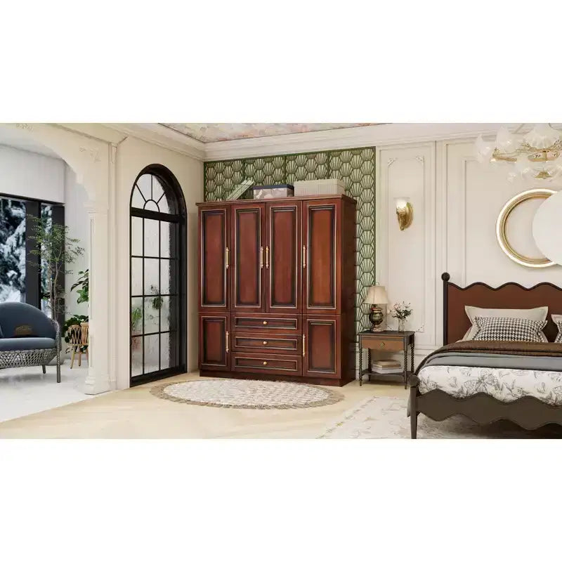 Armoire en merisier de 156 cm avec 3 tiroirs, étagères et tringle de penderie
