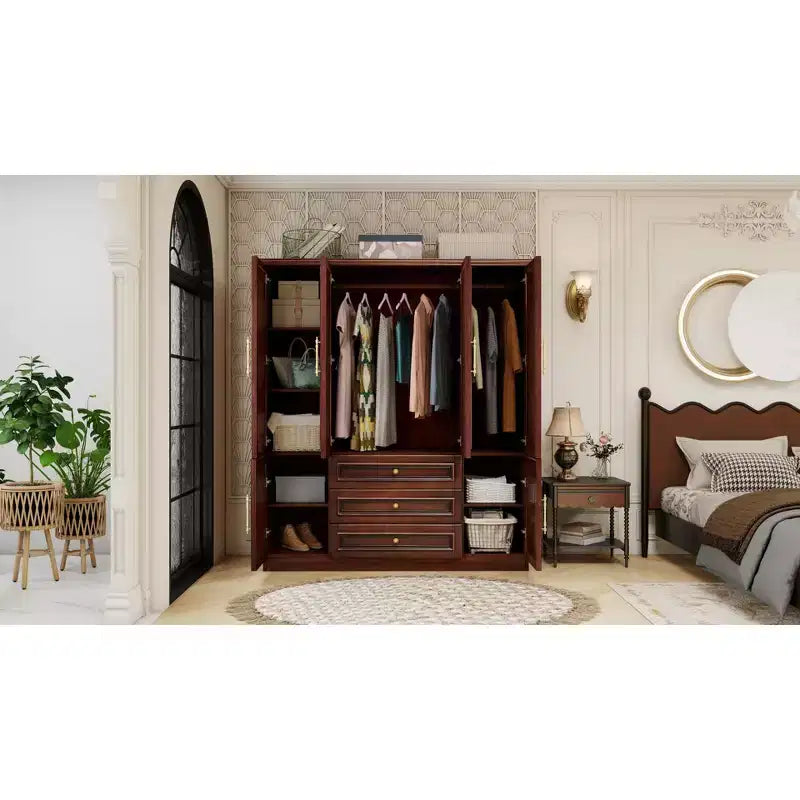 Armoire en merisier de 156 cm avec 3 tiroirs, étagères et tringle de penderie