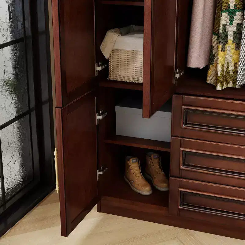 Armoire en merisier de 156 cm avec 3 tiroirs, étagères et tringle de penderie