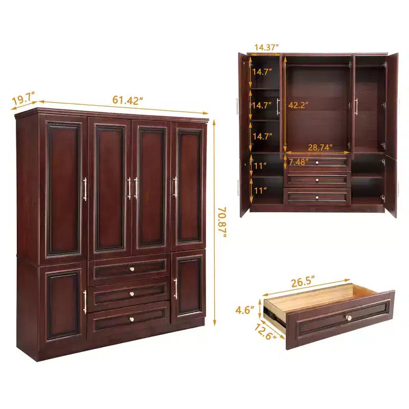 Armoire en merisier de 156 cm avec 3 tiroirs, étagères et tringle de penderie
