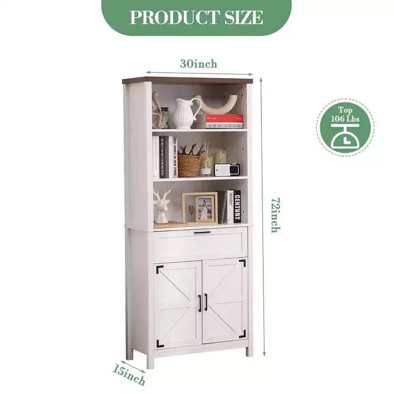 Bibliothèque de style rustique de 183 cm de haut avec portes et tiroir, étagère sur pied à 6 niveaux avec armoire de rangement