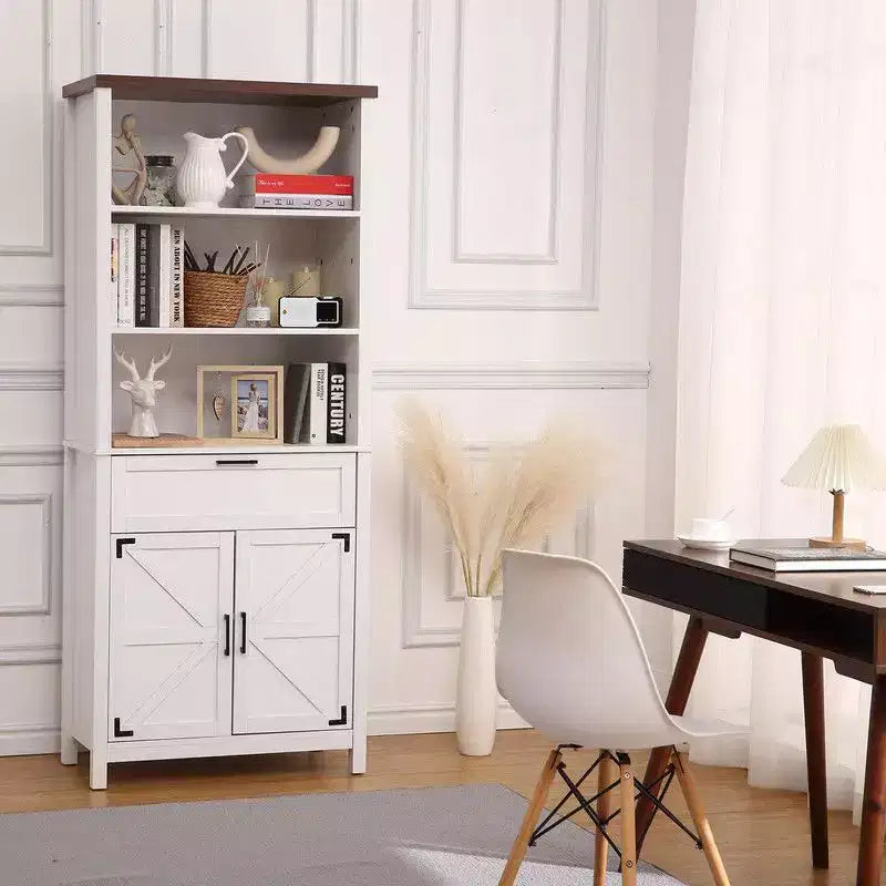 Bibliothèque de style rustique de 183 cm de haut avec portes et tiroir, étagère sur pied à 6 niveaux avec armoire de rangement