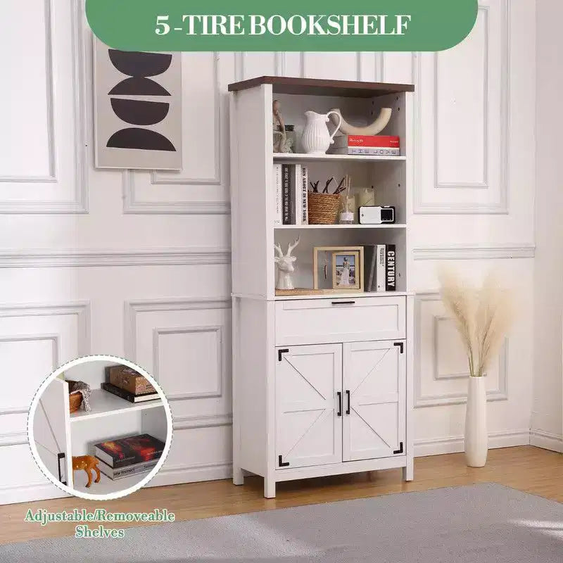 Bibliothèque de style rustique de 183 cm de haut avec portes et tiroir, étagère sur pied à 6 niveaux avec armoire de rangement