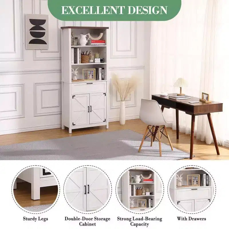 Bibliothèque de style rustique de 183 cm de haut avec portes et tiroir, étagère sur pied à 6 niveaux avec armoire de rangement