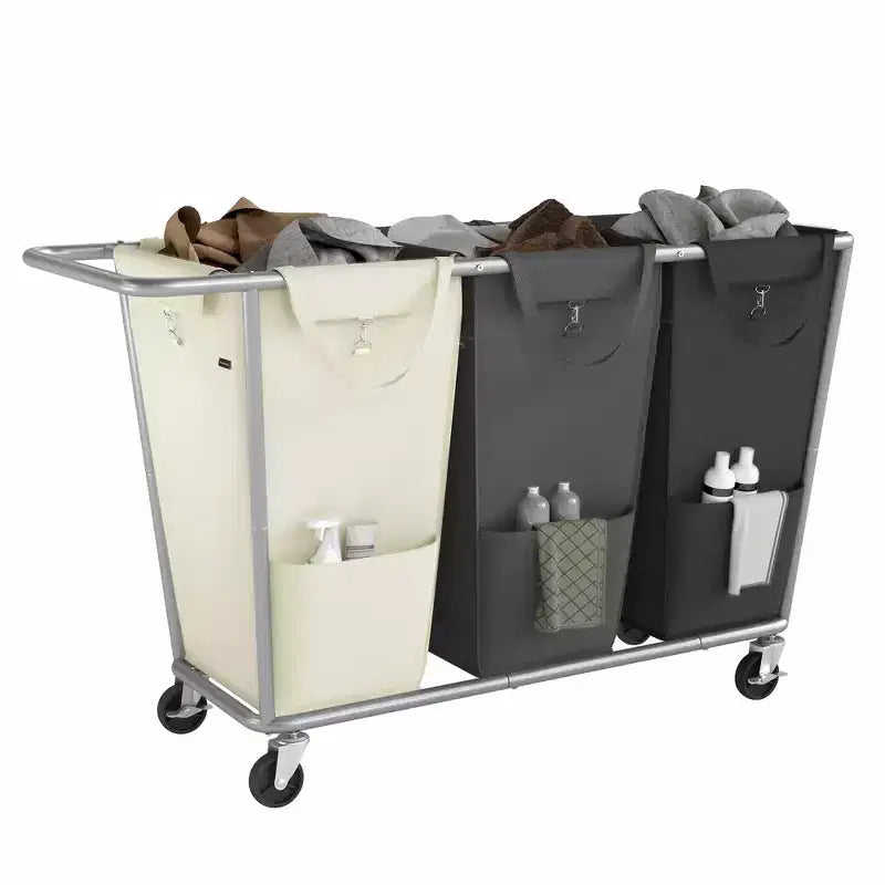 3-Section Laundry Basket with Wheels, Removable Bags, Steel Frame, 76.6 Gallons (290 L), White, Gray, and Black