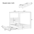 Lit à baldaquin Queen Size avec lit gigogne et 3 tiroirs de rangement, en bois de pin massif, Blanc/Naturel