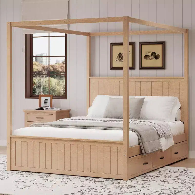 GDFStudio Bradley Modern Queen Size Canopy Platform Bed with Trundle and Storage Drawers