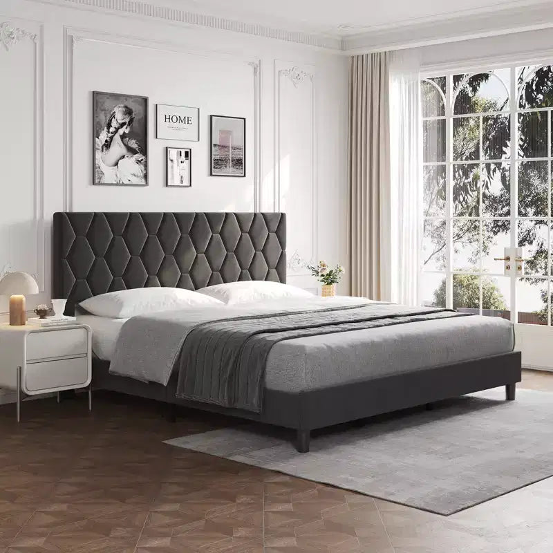 COZONY Ivory Upholstered Bed Frame with Headboard, Heavy-Duty Platform, No Box Spring Needed