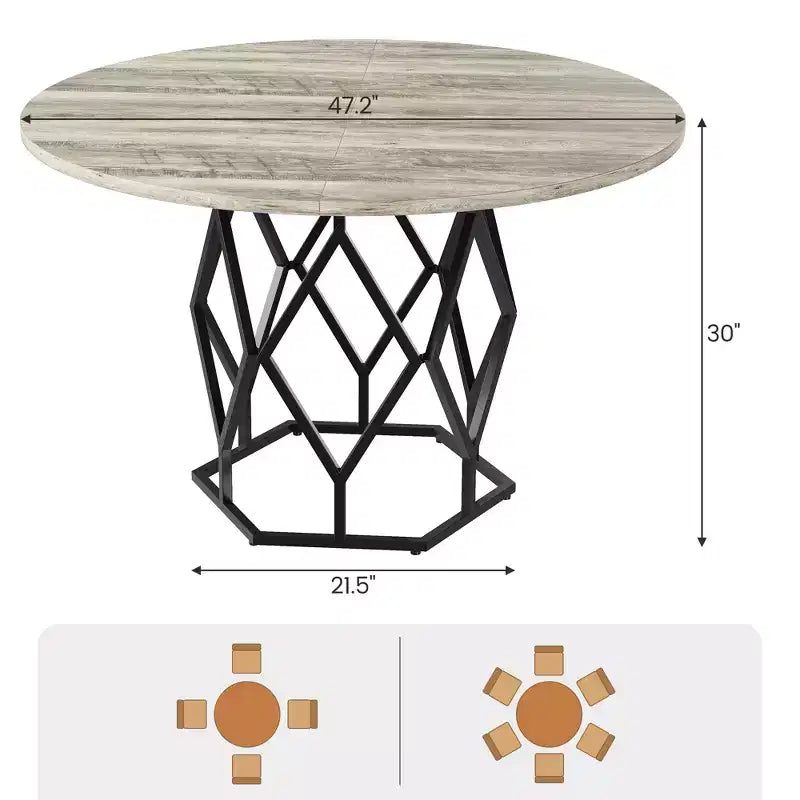 Table à manger ronde pour 4-6 personnes, table de cuisine de ferme 120 cm, table circulaire en bois rustique avec base robuste, table de salle à manger moderne (table uniquement)