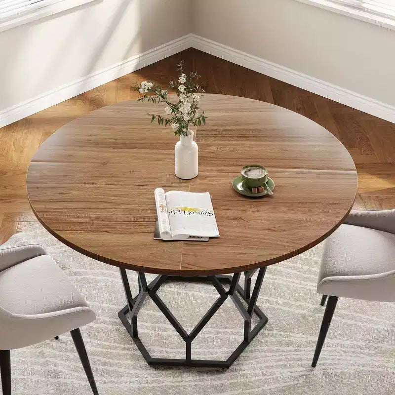 Table à manger ronde pour 4-6 personnes, table de cuisine de ferme 120 cm, table circulaire en bois rustique avec base robuste, table de salle à manger moderne (table uniquement)