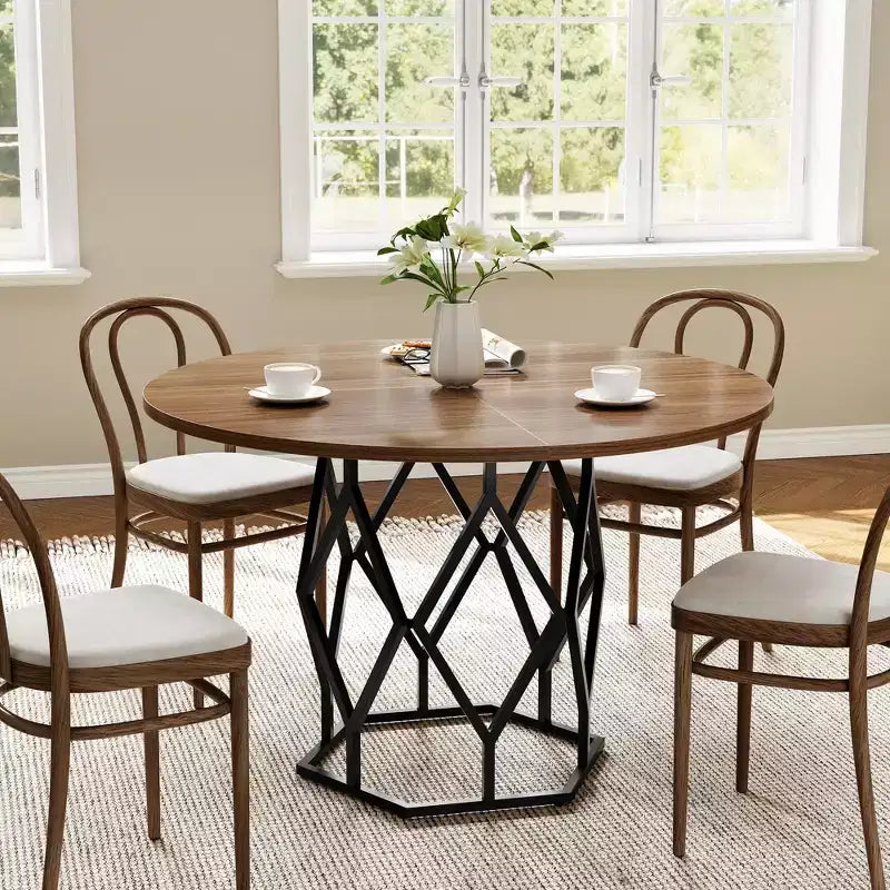 Table à manger ronde pour 4-6 personnes, table de cuisine de ferme 120 cm, table circulaire en bois rustique avec base robuste, table de salle à manger moderne (table uniquement)