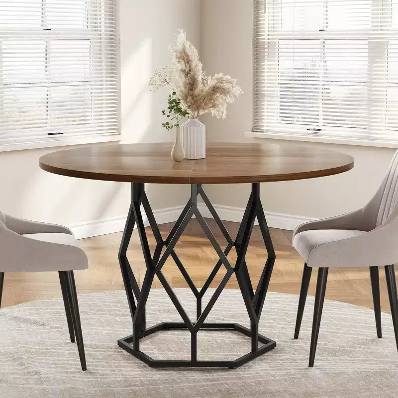 Table à manger ronde pour 4-6 personnes, table de cuisine de ferme 120 cm, table circulaire en bois rustique avec base robuste, table de salle à manger moderne (table uniquement)