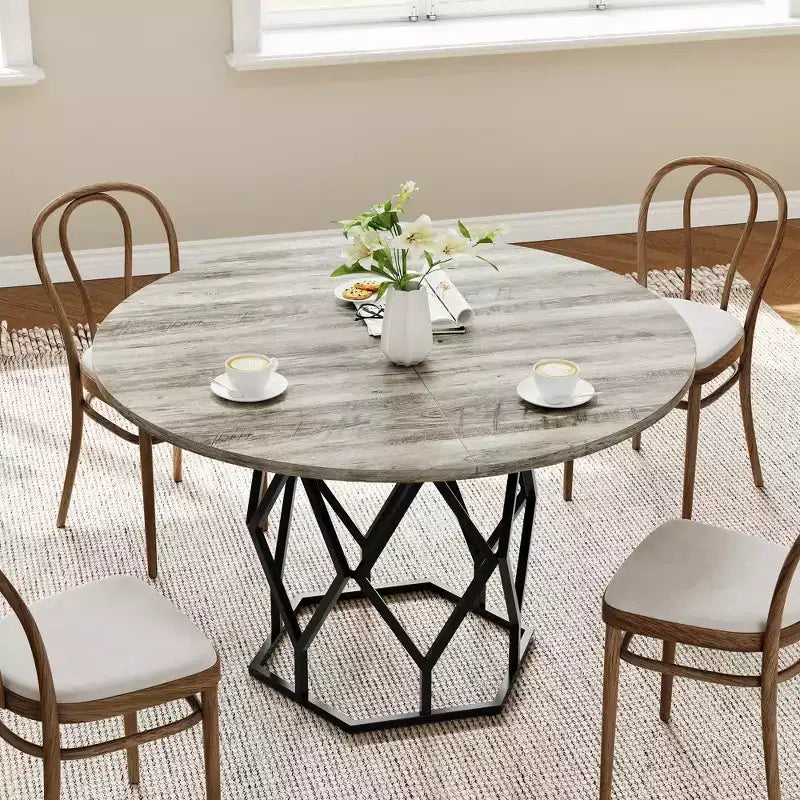Table à manger ronde pour 4-6 personnes, table de cuisine de ferme 120 cm, table circulaire en bois rustique avec base robuste, table de salle à manger moderne (table uniquement)