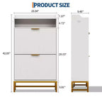 Meuble de rangement pour chaussures cannelé pour entrée, armoire à chaussures étroite en bois de 23,5 pouces avec 2 tiroirs basculants, étagère ouverte et pieds métalliques robustes