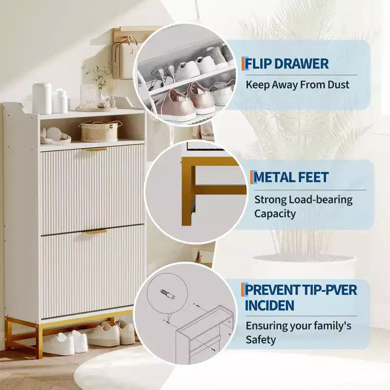 Meuble de rangement pour chaussures cannelé pour entrée, armoire à chaussures étroite en bois de 23,5 pouces avec 2 tiroirs basculants, étagère ouverte et pieds métalliques robustes