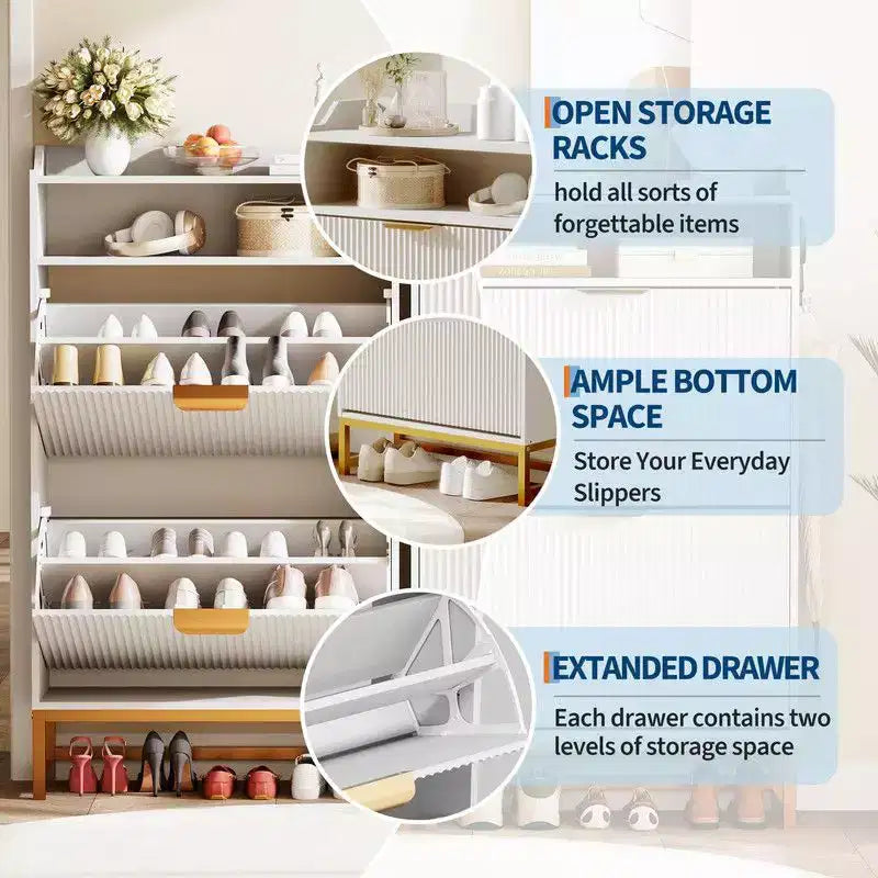 Meuble de rangement pour chaussures cannelé pour entrée, armoire à chaussures étroite en bois de 23,5 pouces avec 2 tiroirs basculants, étagère ouverte et pieds métalliques robustes