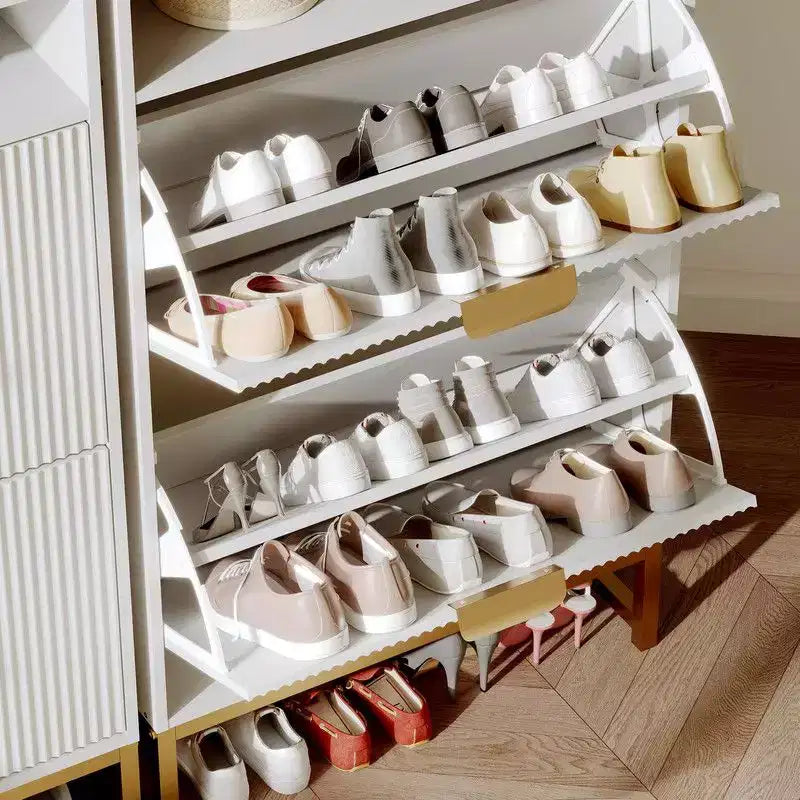 Meuble de rangement pour chaussures cannelé pour entrée, armoire à chaussures étroite en bois de 23,5 pouces avec 2 tiroirs basculants, étagère ouverte et pieds métalliques robustes
