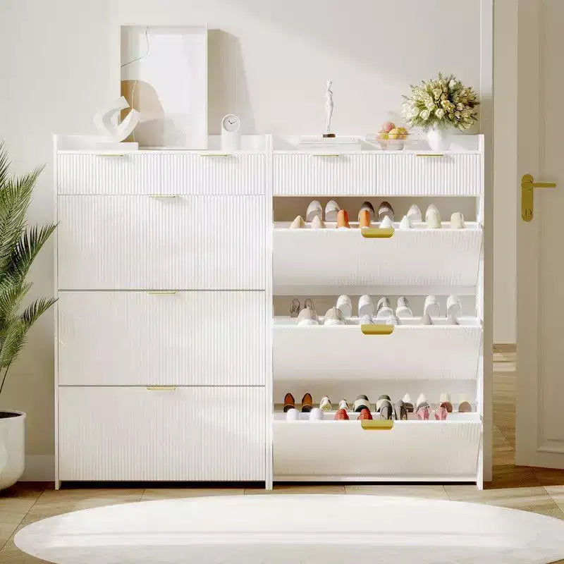 Meuble de rangement pour chaussures cannelé pour entrée, armoire à chaussures étroite en bois de 23,5 pouces avec 2 tiroirs basculants, étagère ouverte et pieds métalliques robustes