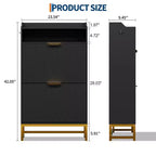 Meuble de rangement pour chaussures cannelé pour entrée, armoire à chaussures étroite en bois de 23,5 pouces avec 2 tiroirs basculants, étagère ouverte et pieds métalliques robustes